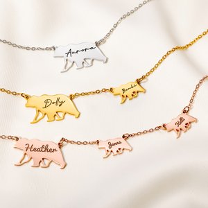 Personalised Mother Bear and 0-9 Baby Bears Necklace with Engraved Names Family Jewellery Mother's Day Birthday Anniversary Gift for Mom Wife