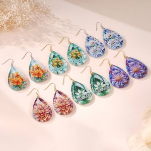 Personalized Colourful Birth Flower Waterdrop Shape Acrylic Dangle Earrings Mother's Day Anniversary Birthday Gift for Mother Woman