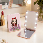 Personalized Cartoon Female Character Birth Flower LED Makeup Pocket Mirror with Name Travel Daily Use Birthday Wedding Gift for Women Besties