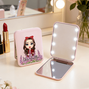 Personalised Cartoon Female Character Birth Flower LED Makeup Pocket Mirror with Name Travel Daily Use Birthday Wedding Gift for Women Besties