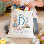 Personalized Peter Rabbit Bow Wreath Drawstring Canvas Gift Bag with Name and Initial Daily Storage Easter Gift for Boys Girls