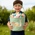 Personalized Cute Bunny Plaid Easter Basket with Name and Ruffles Eggs Hunting Party Easter Gift for Kids