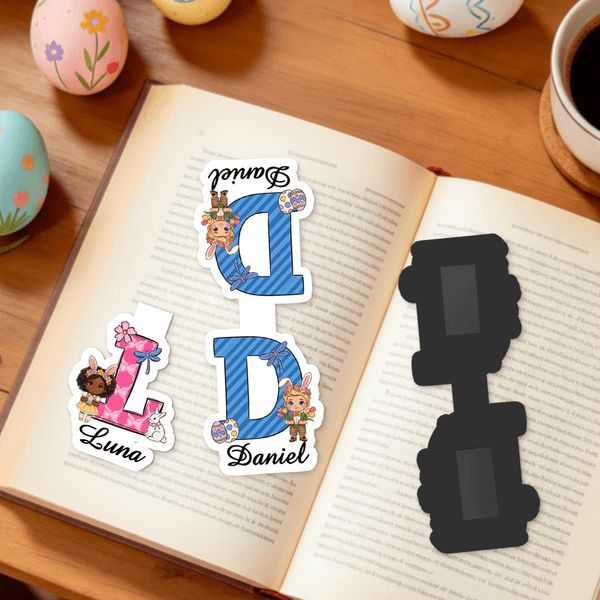 Personalized Cartoon Character Easter Magnetic Bookmark Clip with Name and Initial Easter Birthday Gift for Kids Bookworms