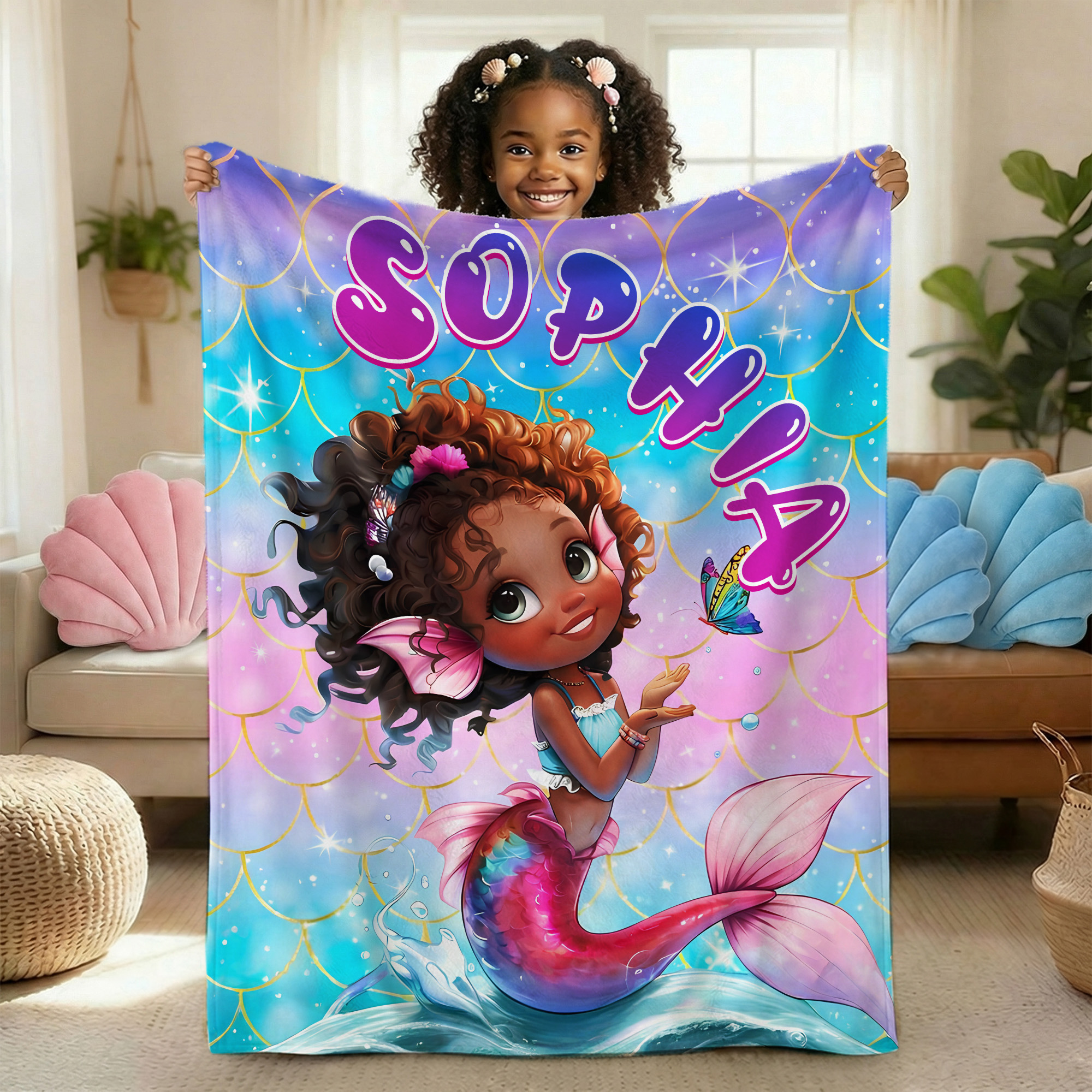 Couverture personnalisée avec nom pour la décoration de la maison Cadeau d'anniversaire pour fille noire Amoureux des sirènes
