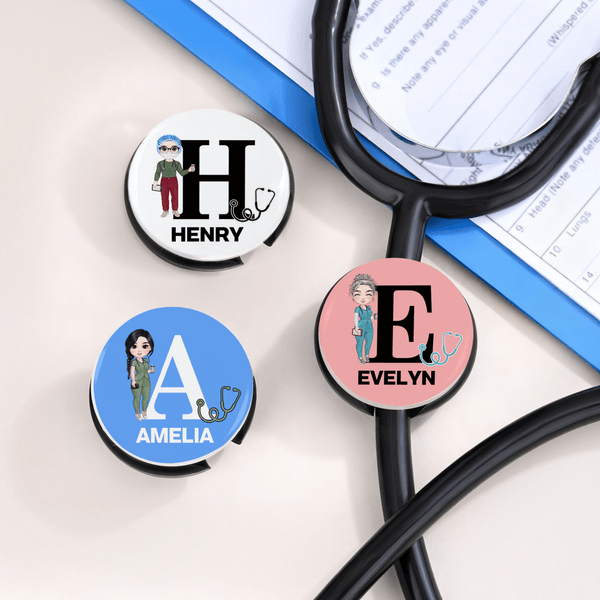 Personalised Cartoon Nurse Doctor Character Stethoscope ID Tag with Initial and Name Nurse Week Appreciation Gift for Medical Staff
