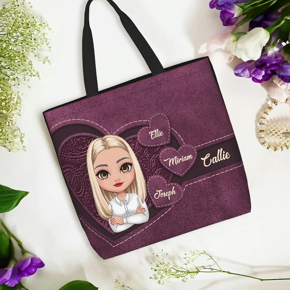 Sac Fourre-Tout Personnalisé avec 1-8 Noms et Personnage Dessin Animé Cadeau Anniversaire Fête des Mères pour Femmes