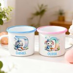 Personalisierte 355 ml Emaille Tasse im niedlichen Kaninchen-Design mit Namen und Initiale Ostern Geschenk für Jungen Mädchen