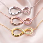Personalized Convertible Infinity Love Birthstone Sterling Silver Necklace with Engraved Names Birthday Valentine's Day Anniversary Gift for Women