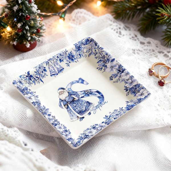 Personalised Toile De Jouy Snowman Santa Claus Nutcracker Ceramic Trinket Jewellery Dish with Name Daily Use Christmas Gift for Women