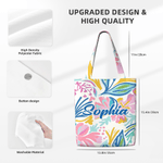 Personalized Tropical Flower Canvas Tote Bag with Name Daily Use Travel Birthday Gift for Women Girls