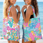 Personalized Tropical Flower Canvas Tote Bag with Name Daily Use Travel Birthday Gift for Women Girls