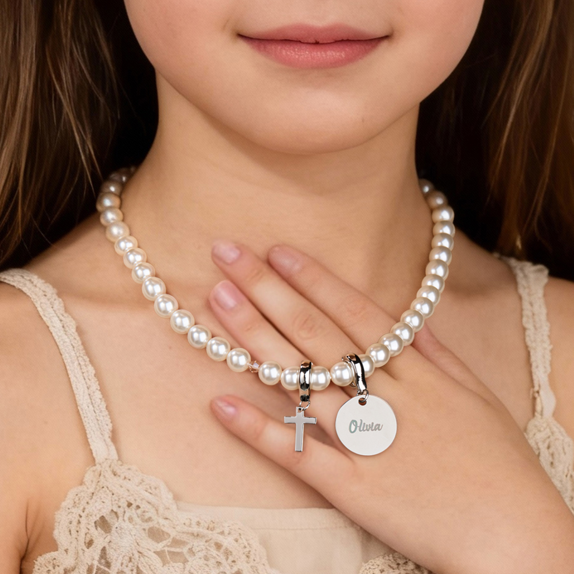 Collier de perles avec nom en forme de croix Cadeau de baptême Cadeau d'anniversaire pour fille Enfant