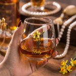 Personalized Birth Flower 15 oz Stemless Wine Glass with Name Home Bar Treat Birthday Housewarming Gift for Friends