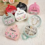 Personalized Birth Flower Portable PU Leather Hand-Held Jewelry Case with Name Birthday Wedding Gift for Women Bridesmaids