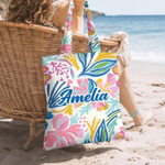 Personalized Tropical Flower Canvas Tote Bag with Name Daily Use Travel Birthday Gift for Women Girls