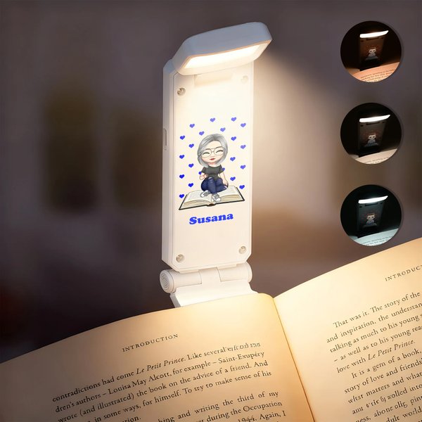 Luz de lectura con clip LED personalizada recargable con nombre y personaje de dibujos animados regalo de cumpleaños para amantes de la lectura