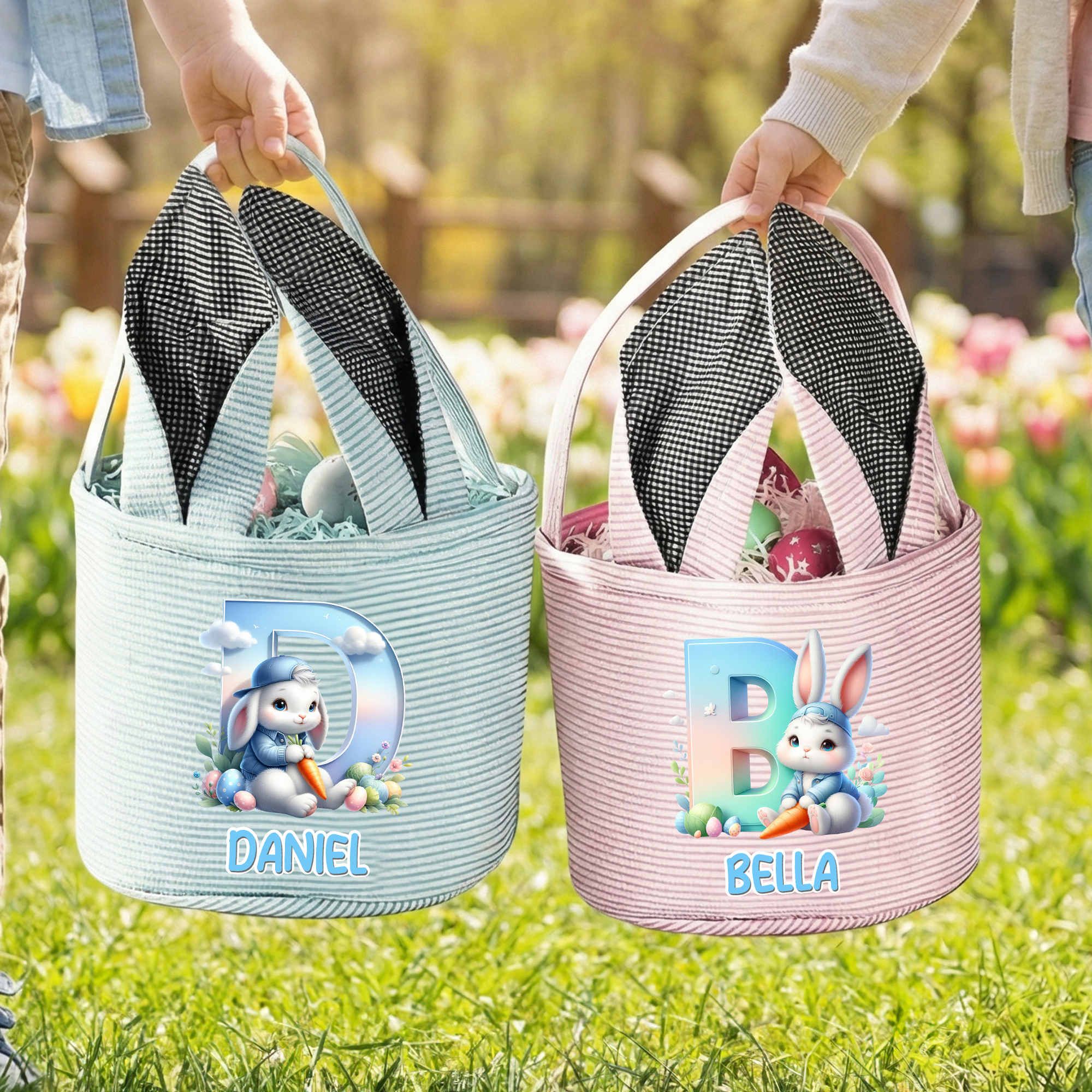 Panier de Pâques personnalisé avec Initiales Œufs Fête de la Chasse Cadeau de Pâques pour enfants