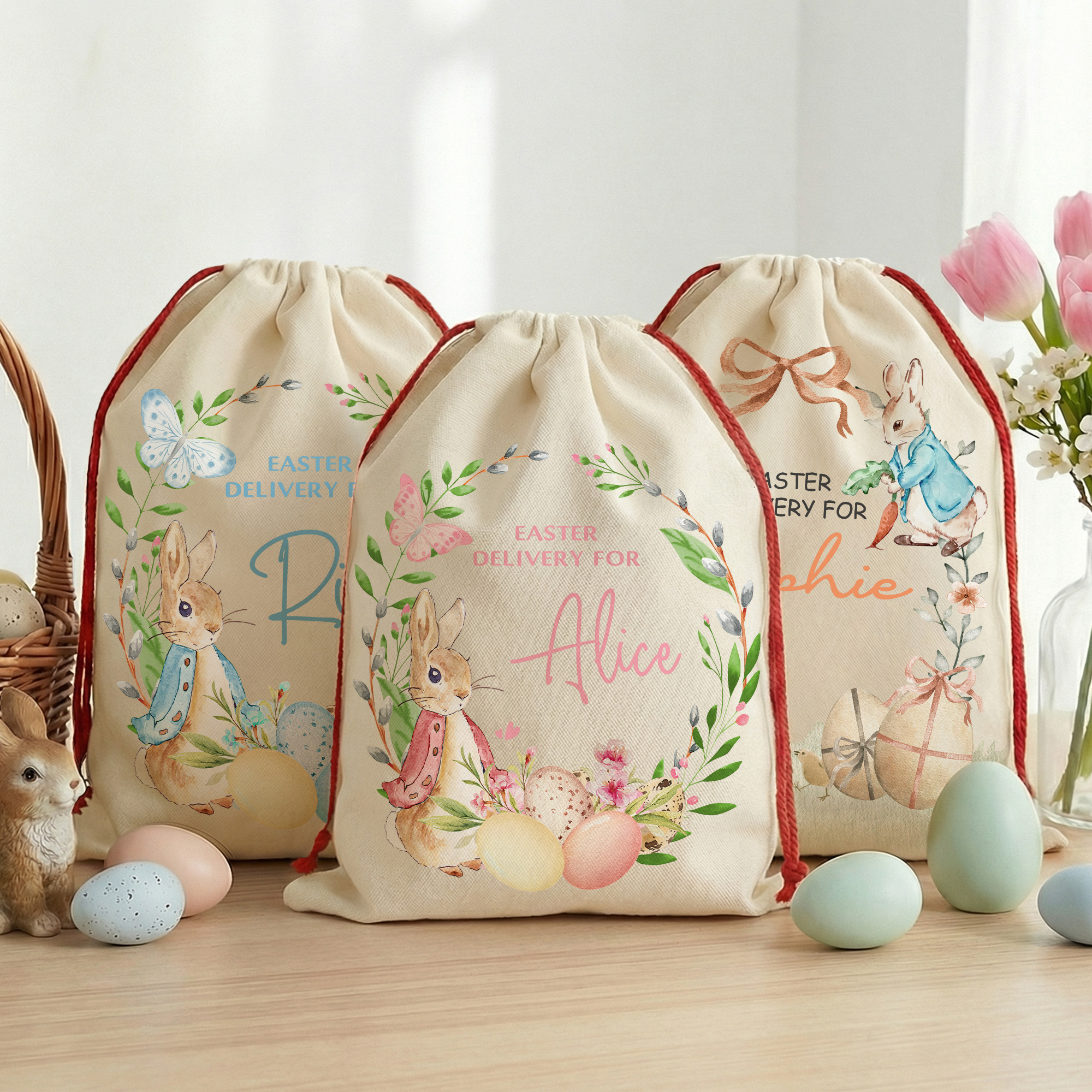 Sac à cordon de Pâques personnalisé avec le nom de Peter Rabbit Décoration de Pâques Cadeau de Pâques pour les enfants