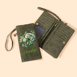 Personalised Birth Flower Birthstone PU Leather Folded Wristlet Wallet with Name and Multiple Card Slots Birthday Mother's Day Gift for Women Mom