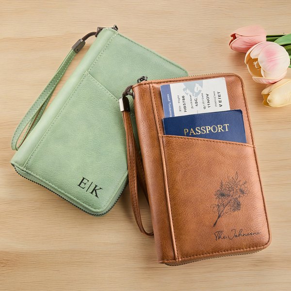 Personalised Birth Flower Multicolour PU Leather Passport Holder Wallet with Name and Wrist Strap Travel Essential Birthday Gift for Family Friends