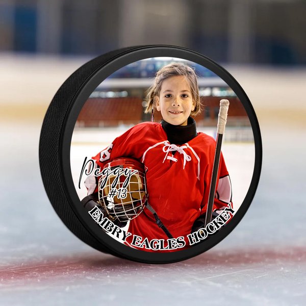Gepersonaliseerde foto ijshockey puck met naam nummer en tekst Ice Rink Game Day Team Gift voor ijshockeyspeler liefhebber