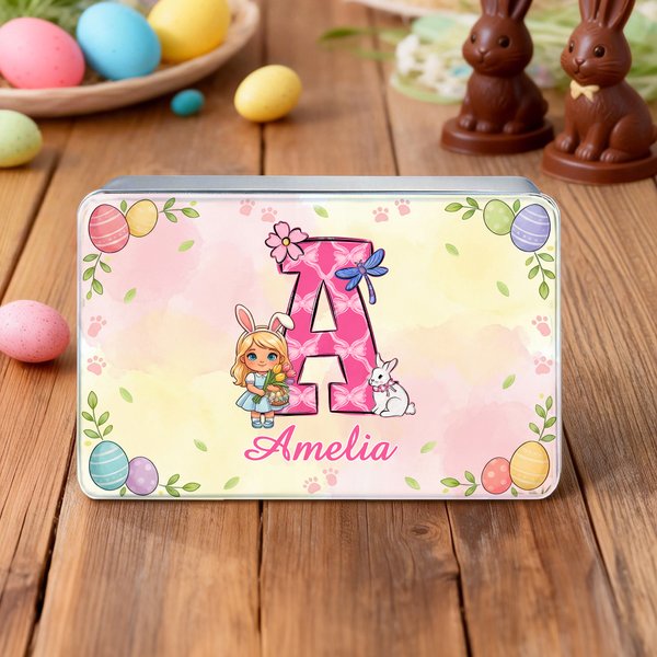 Personalised Cartoon Bunny Ears Kid Character Tin Storage Box with Initial and Name Daily Use Easter Gift for Boys Girls