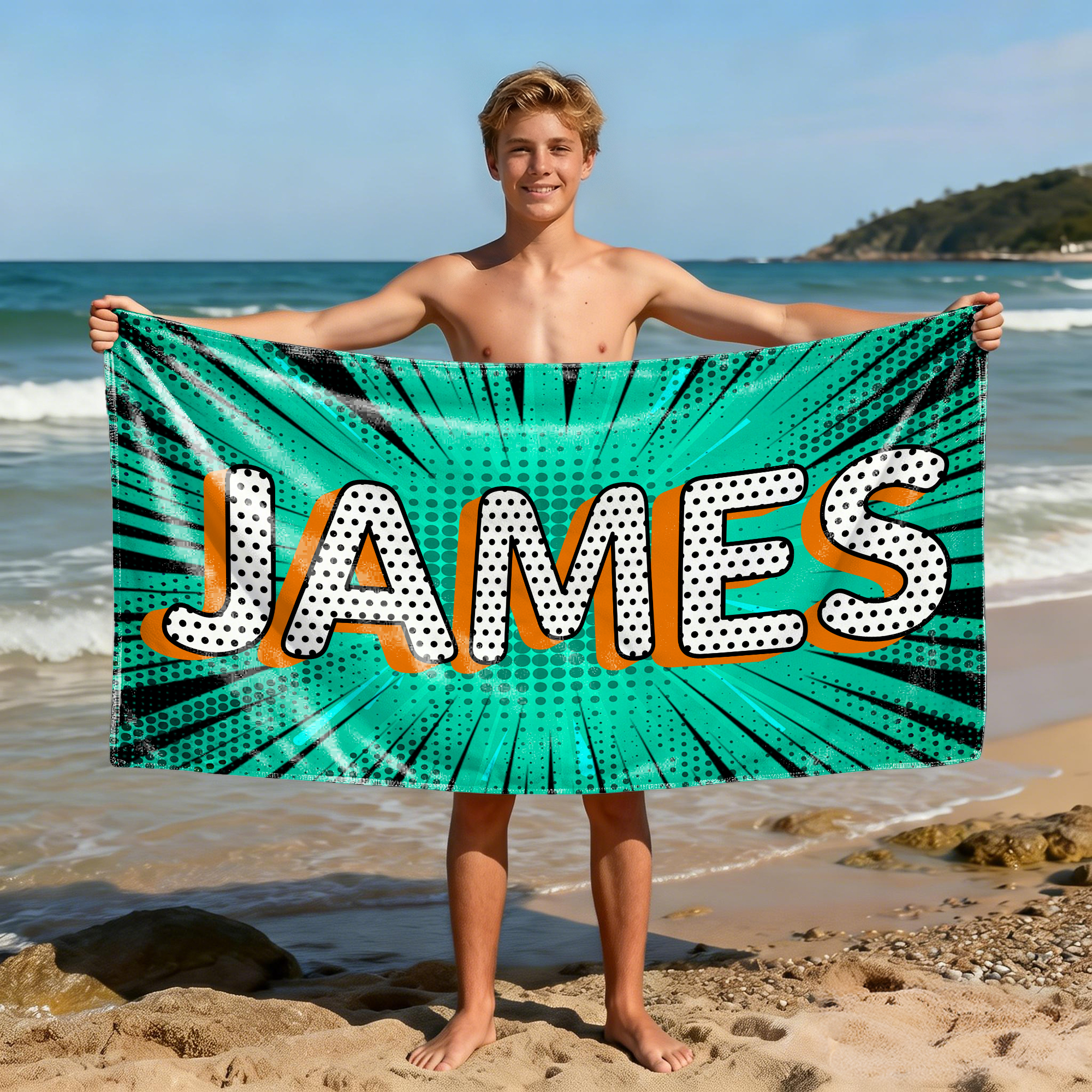 Serviette de plage surdimensionnée à séchage rapide personnalisée avec nom Accessoire de vacances Fête de plage Cadeau d'anniversaire pour la famille et les amis