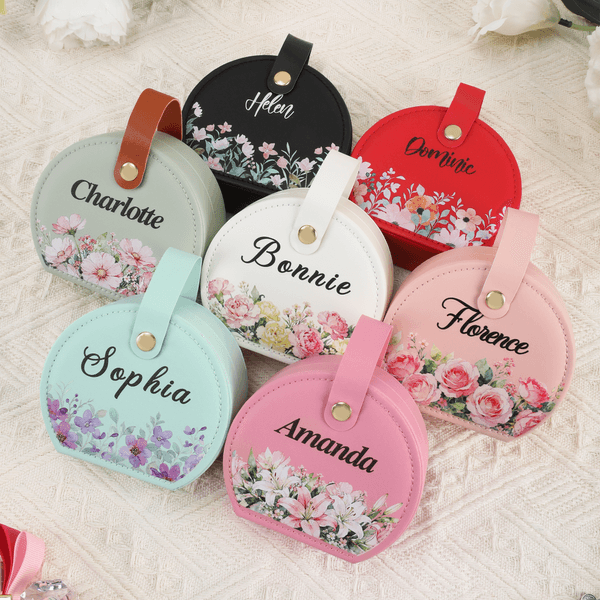 Personalized Birth Flower Portable PU Leather Hand-Held Jewelry Case with Name Birthday Wedding Gift for Women Bridesmaids