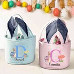 Personalisierter niedlicher Peter Hase Streifen-Osterkorb mit Ohren Namen und Initiale Ostern Eiersuche Party Geschenk für Kinder