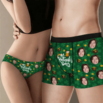 Personalized Funny Face Photos Clover Breathable Couple Thong Boxer Underwear Anniversary Saint Patrick's Day Gift for Him Her