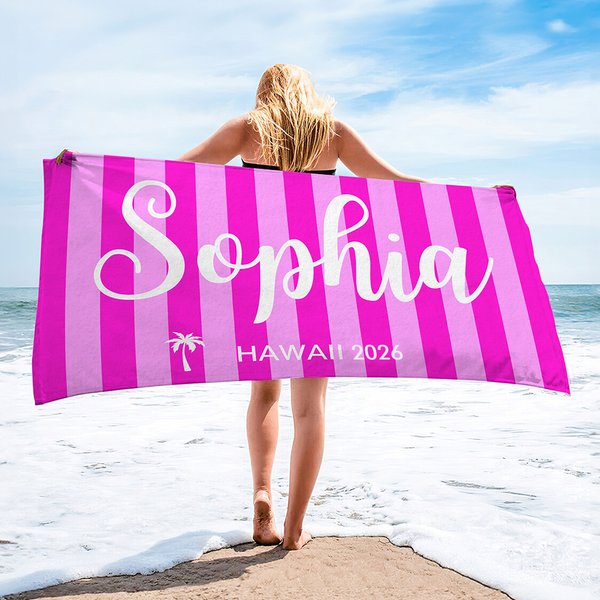 Personalized Palm Tree Multicolor Stripe Oversized Quick Dry Beach Towel with Name and Text Beach Travel Essentials Birthday Gift for Family Friend