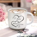 Personalised Double Hearts 12 oz Ceramic Coffee Mug with Engraved Name and Date Valentine's Day Birthday Anniversary Gift for Couples