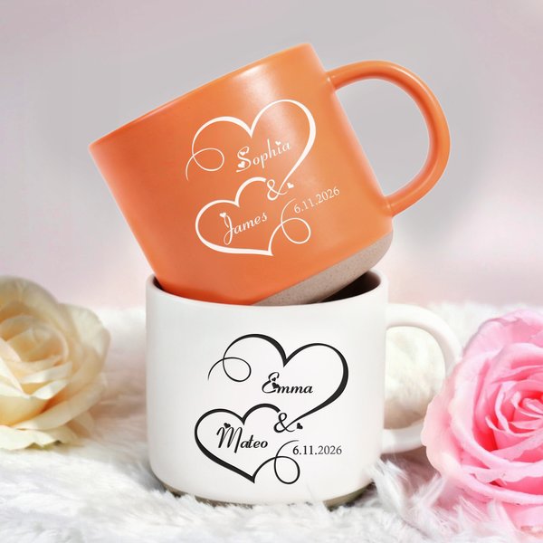 Personalized Double Hearts 12 oz Ceramic Coffee Mug with Engraved Name and Date Valentine's Day Birthday Anniversary Gift for Couples