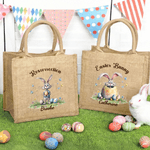 Personalized Happy Easter Bunny Large Jute Tote Bag with Name and Text Easter Party Gift for Boys Girls