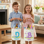 Personalized Cute Bunny Ears Name Easter Basket with Initial Eggs Hunting Party Favor Easter Gift for Boys Girls