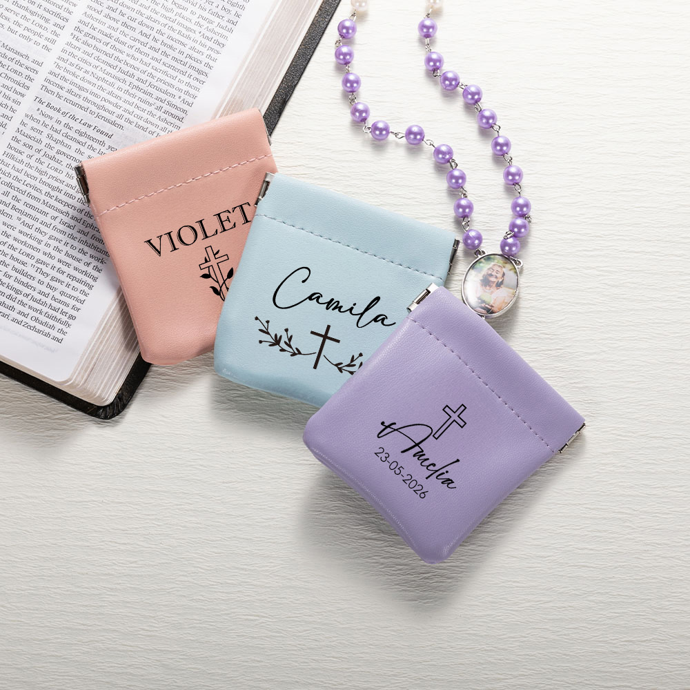 Sac de rangement pour chapelet en cuir PU Cadeau religieux de communion et de baptême pour les chrétiens