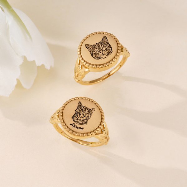 Personalized Cat Dog Pet Face Photo Design Ring with Name Memorial Jewellery Birthday Anniversary Gift for Pet Lover Owner