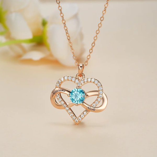 Collana personalizzata con ciondolo a cuore, tema infinito, con pietra di nascita e nomi incisi - Regalo di compleanno e anniversario per donne