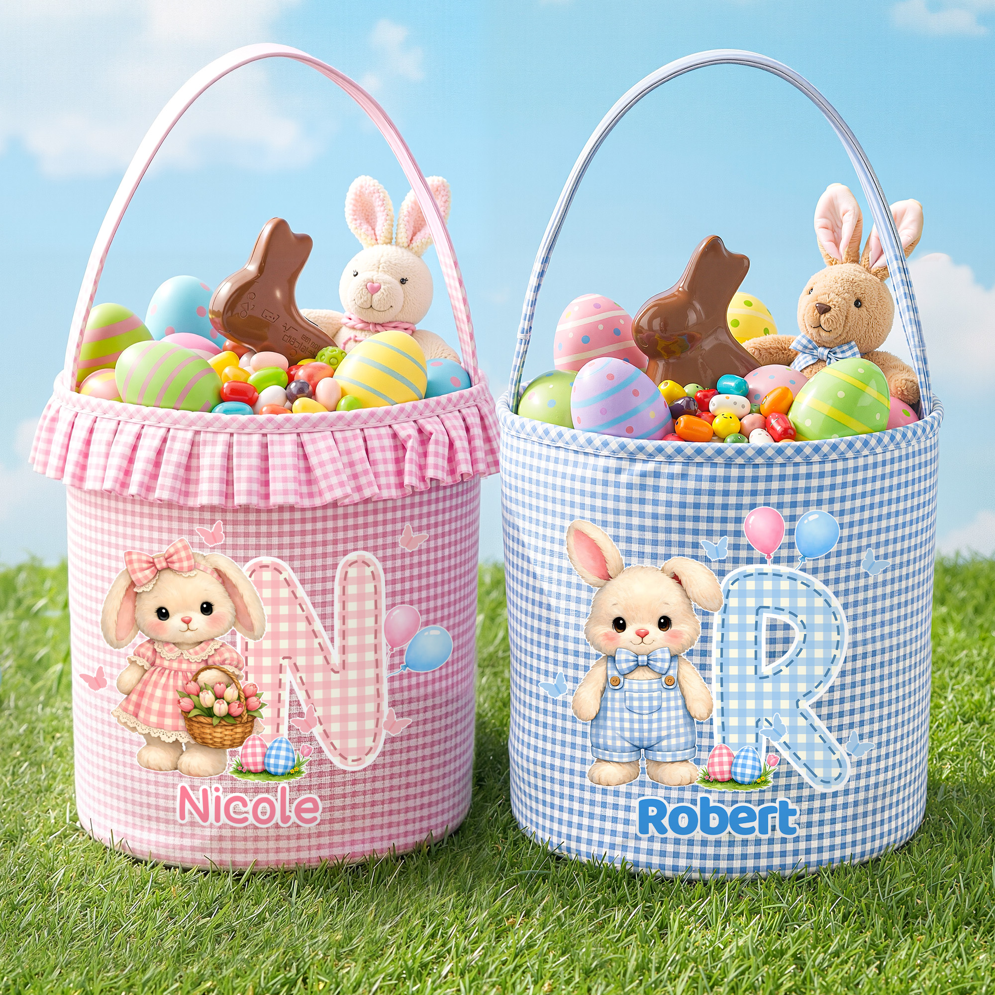 Panier de Pâques personnalisé avec nom, initiales et volants, œufs de chasse Cadeau de Pâques pour enfants