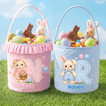 Personalized Cute Bunny Plaid Easter Basket with Name Initial and Ruffles Eggs Hunting Party Easter Gift for Kids