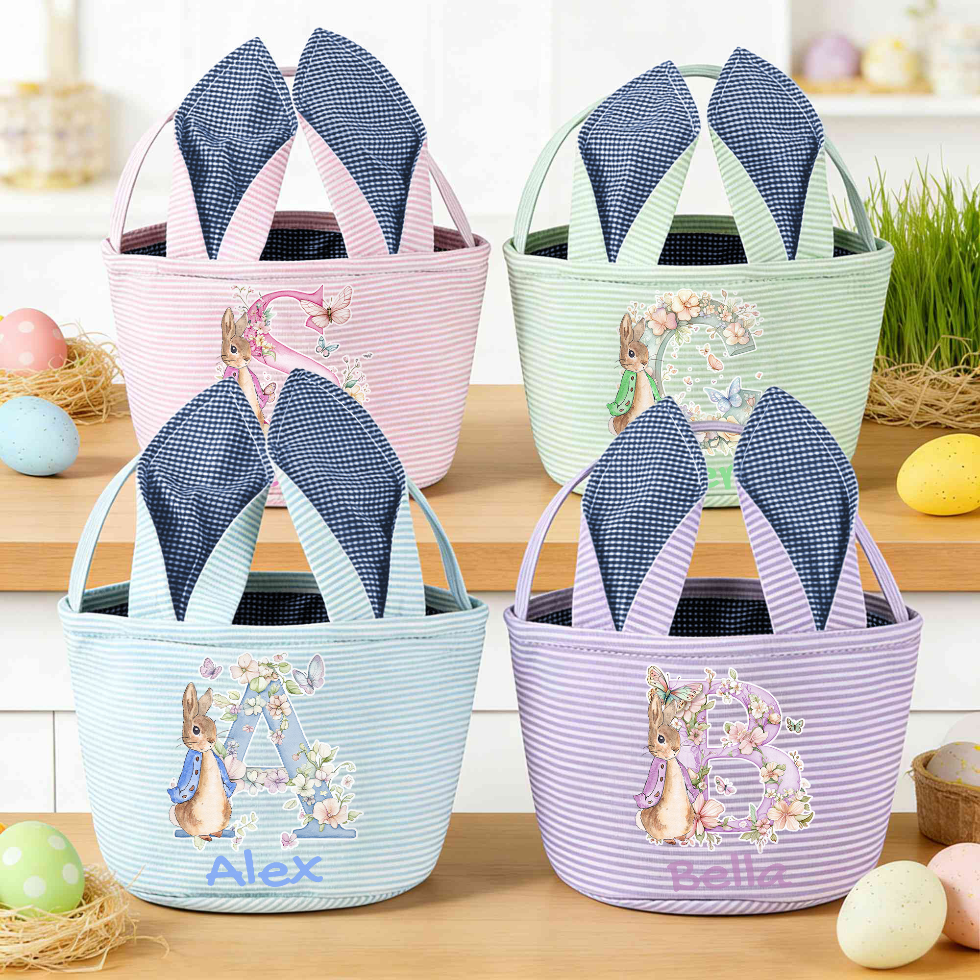 Panier de Pâques à rayures avec nom Œufs de Pâques Cadeau de fête personnalisé pour les enfants