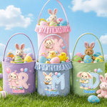 Personalized Cute Bunny Plaid Easter Basket with Name Initial and Ruffles Eggs Hunting Party Easter Gift for Kids