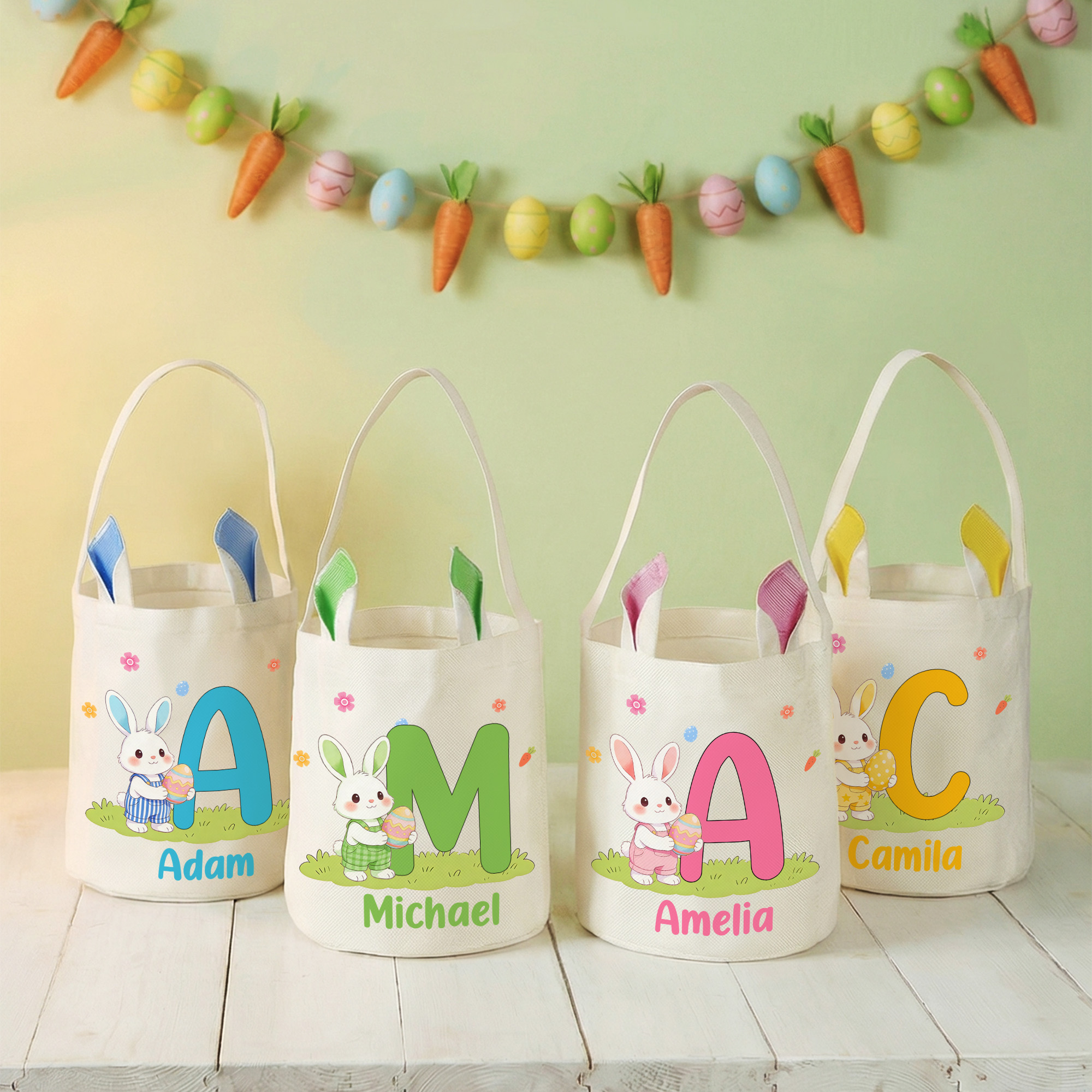 Panier de Pâques personnalisé avec oreilles de lapin et oeufs initiaux Cadeau de Pâques pour garçons et filles