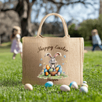 Personalized Happy Easter Bunny Large Jute Tote Bag with Name and Text Easter Party Gift for Boys Girls