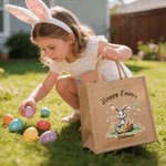 Personalized Happy Easter Bunny Large Jute Tote Bag with Name and Text Easter Party Gift for Boys Girls