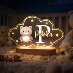 Personoitu söpöjen eläinten tähtipilvityyli akryylilediövalo nimellä ja puupohjalla vauvahuoneen koriste lahja vauvalle ja vastasyntyneelle