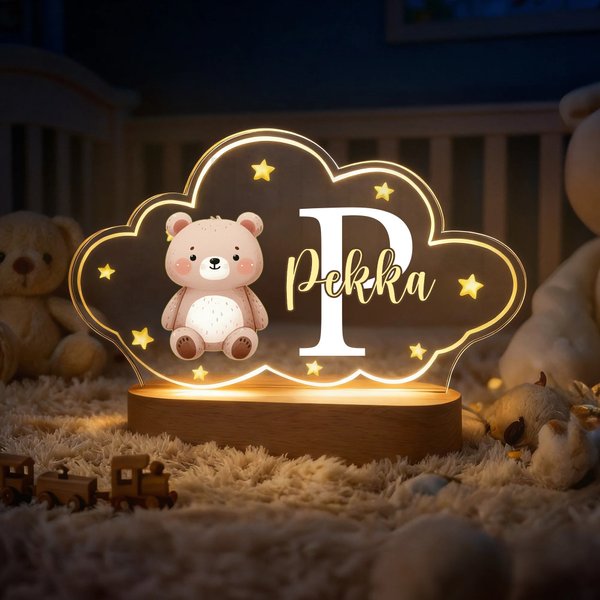 Personoitu söpöjen eläinten tähtipilvityyli akryylilediövalo nimellä ja puupohjalla vauvahuoneen koriste lahja vauvalle ja vastasyntyneelle