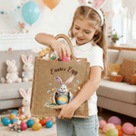 Personalized Happy Easter Bunny Large Jute Tote Bag with Name and Text Easter Party Gift for Boys Girls