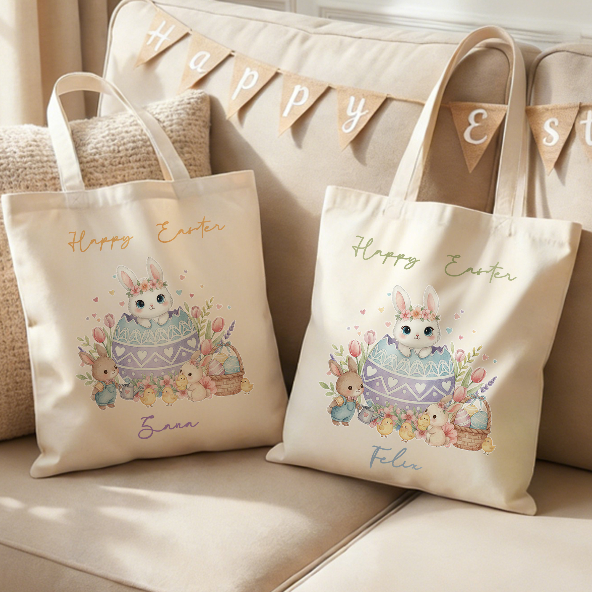Personalizzato Happy Easter Egg Bunny Borsa di tela riutilizzabile con nome Regalo di Pasqua di uso quotidiano per bambini donne
