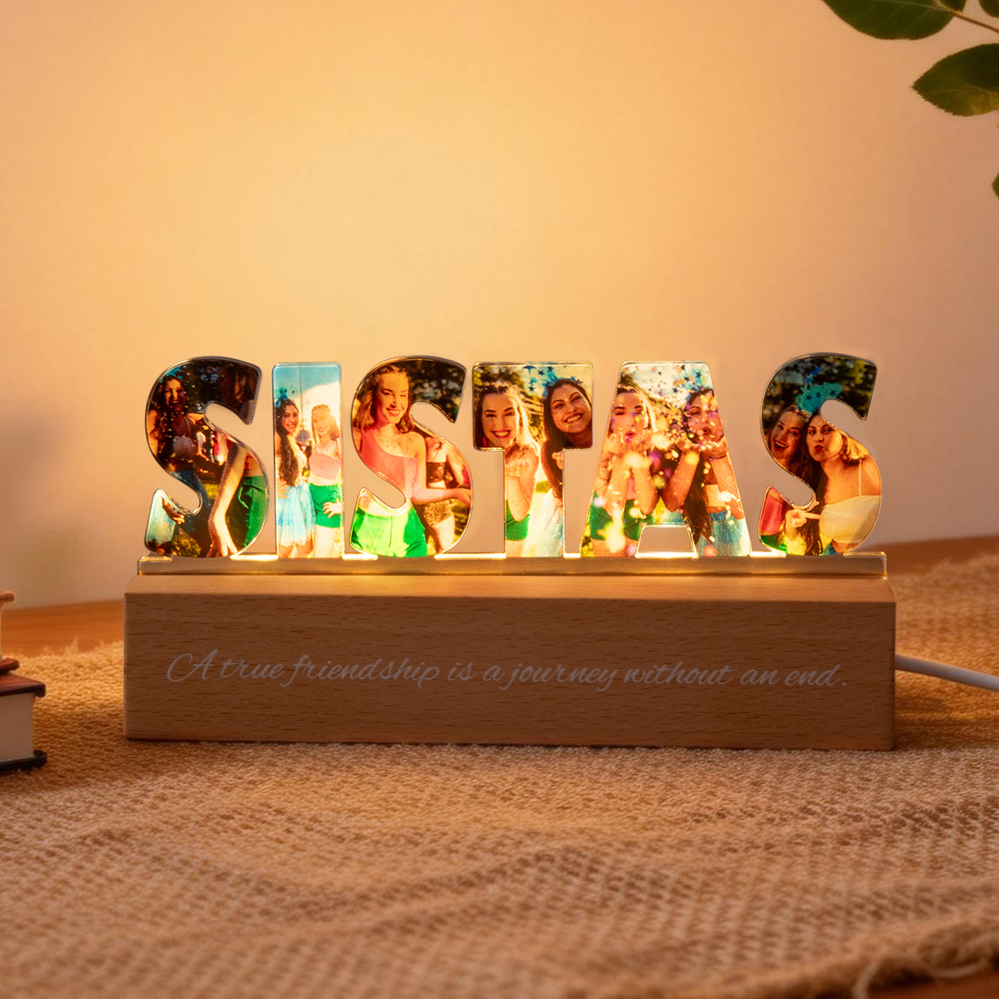 Veilleuse LED en acrylique avec texte et socle en bois Personnalisée Bestie Texte Photos Anniversaire Cadeau pour Bestie Sœurs